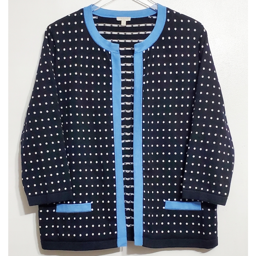 Talbots Xl 3/4 sleeves knit open front cardigan sweater polka dots black blue